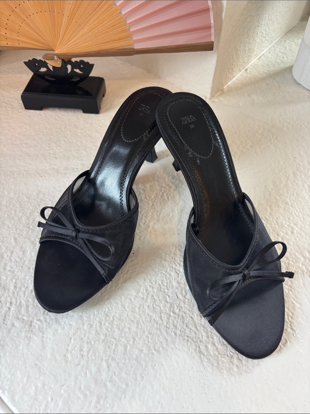 Zara Black Satin/ Mesh Bow Kitten Heels